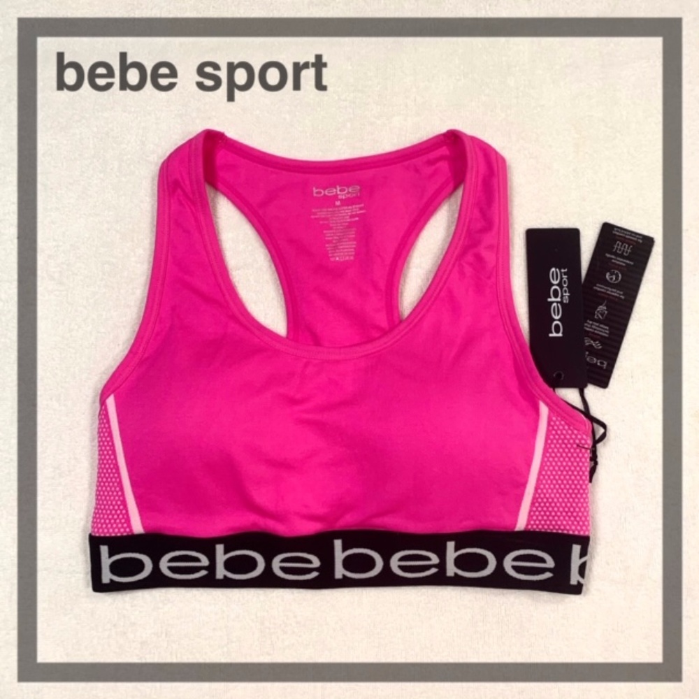 BEBE LOGO PRINT RACER BACK SPORTS BRA TOPS